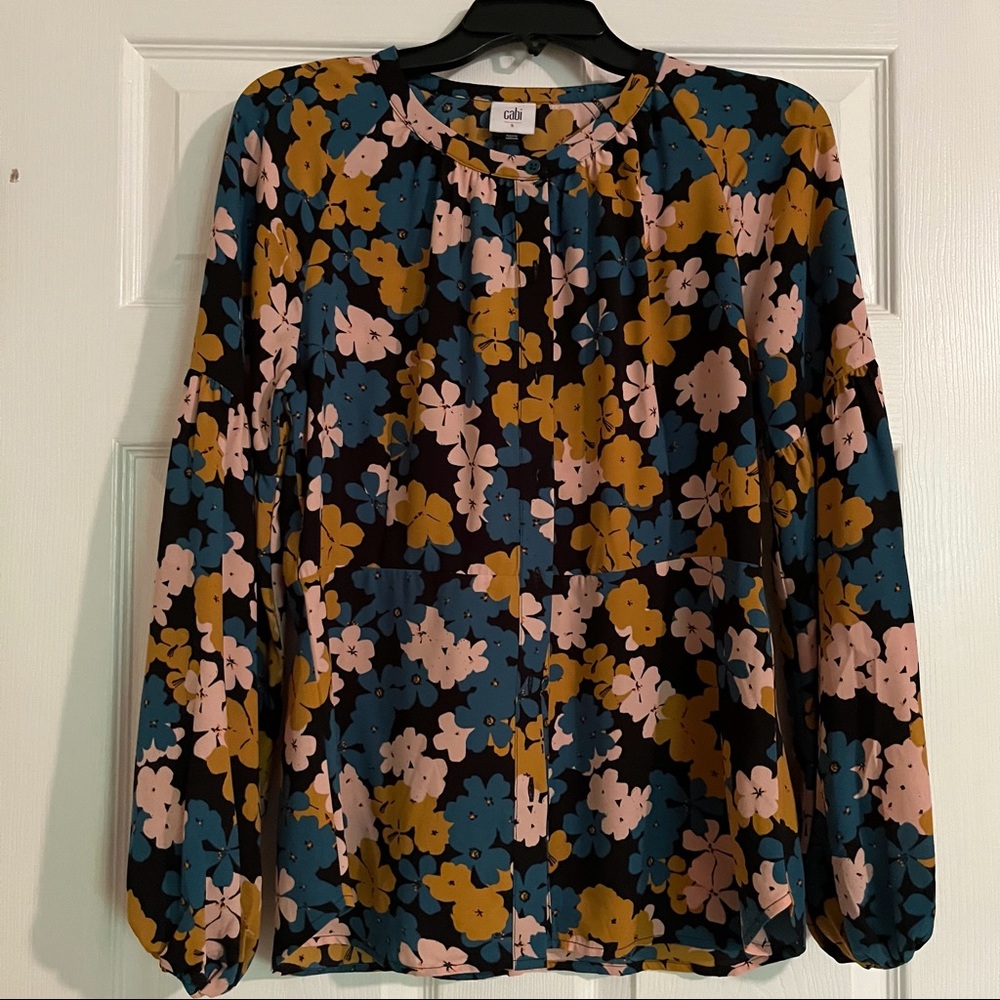 CAbi Floral Peasant Blouse in Navy, Mustard & Blush